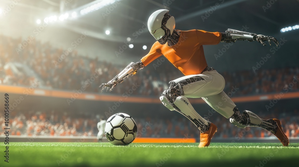 Poster futuristic robotic soccer player in action on field