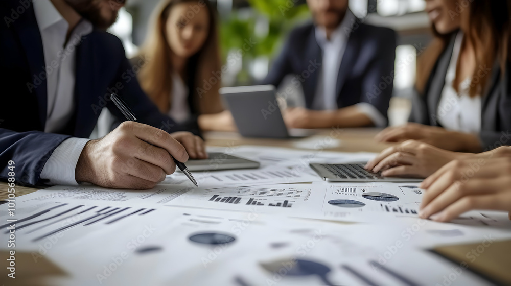 Poster analyzing data with charts and graphs: business professionals collaborate