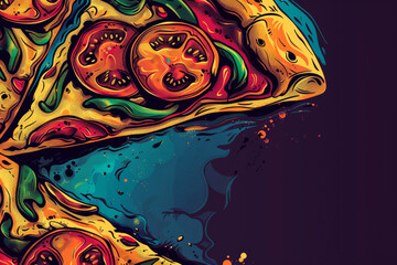 A colorful drawing of a pizza with tomatoes and other toppings