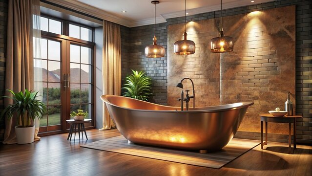 Forced perspective elegant modern bathroom with a copper freestanding bathtub and luxurious furnishings under warm lighting