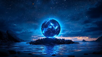 Mystical Blue Planet Under Starry Sky Fantasy Night Landscape