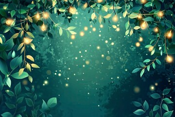 Emerald greenery forest foliage vector background. Green garden trees wedding invitation. Summer leaves card texture. Bokeh lights art.Rustic style save the date.with generative ai