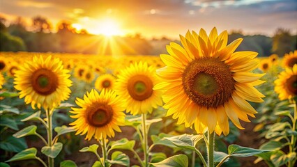 A Field of Sunflowers Bathed in Golden Light at Sunset, Their Faces Turned Towards the Radiant Sun, A Symphony of Yellow and Green