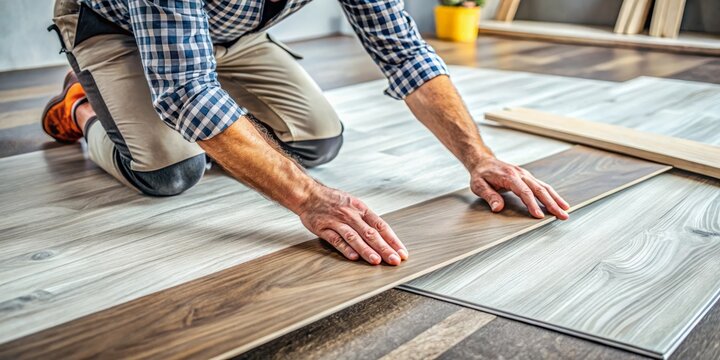Closeup of Hands Installing Vinyl Flooring During Home Renovation for Beautiful and Durable Interior Design Solutions
