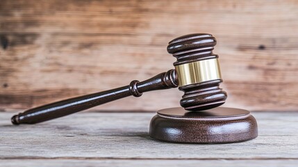 Close-up of a gavel on a wooden desk, symbolizing authority and importance of election rules, with copy space for text or design.