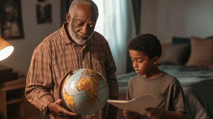 Senior black man and kid watching globe, elderly grandfather helping grandson with homework. Grandpa is teaching grandson, study, education, support, AI generative image