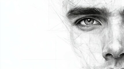 Fototapeta premium High-definition close-up of a realistic male portrait sketch, focusing on sharp lines and intricate detailing in the facial structure. The minimalist background offers copy space on the sides for