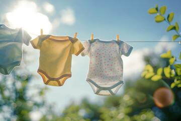 A line of baby clothes hanging on a clothesline in the sun