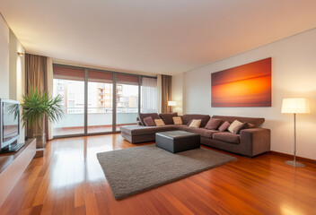 Fototapeta premium Cozy modern living room with large windows and wooden flooring in a contemporary apartment
