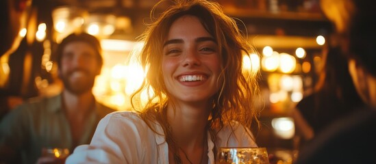 Obraz premium Happy woman smiling at the camera with a drink in her hand at a bar.