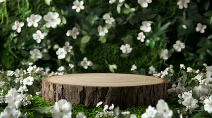 Wooden pedestal in tropical forest for product presentation and dark green wall,Wood podium tabletop floor outdoor blurred white frangipani flowers background.Natural beauty cosmetic 