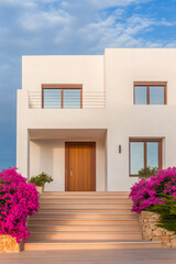 Fototapeta premium Modern white house with wooden door and vibrant bougainvillea flowers in the daylight