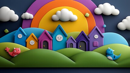 Colorful 3D Rainbow Landscape with Cartoon Houses Clouds and Animals