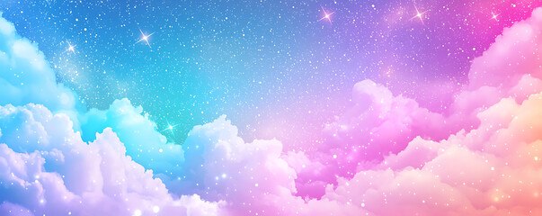 Fototapeta premium Dreamy colorful sky with sparkling stars and fluffy clouds