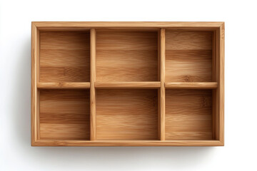 A wooden organizer with multiple compartments designed for storage and organization.