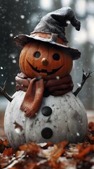 Chilling Pumpkin Snowman, a whimsical yet eerie creation blending Halloween and winter themes, showcasing a spooky character in a snowy landscape