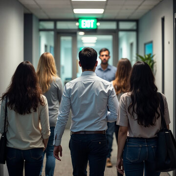 Office Fire Drill with Calm, Organized Team Evacuating Through Modern Hallway &ndash; Emergency Preparedness and Safety Concept