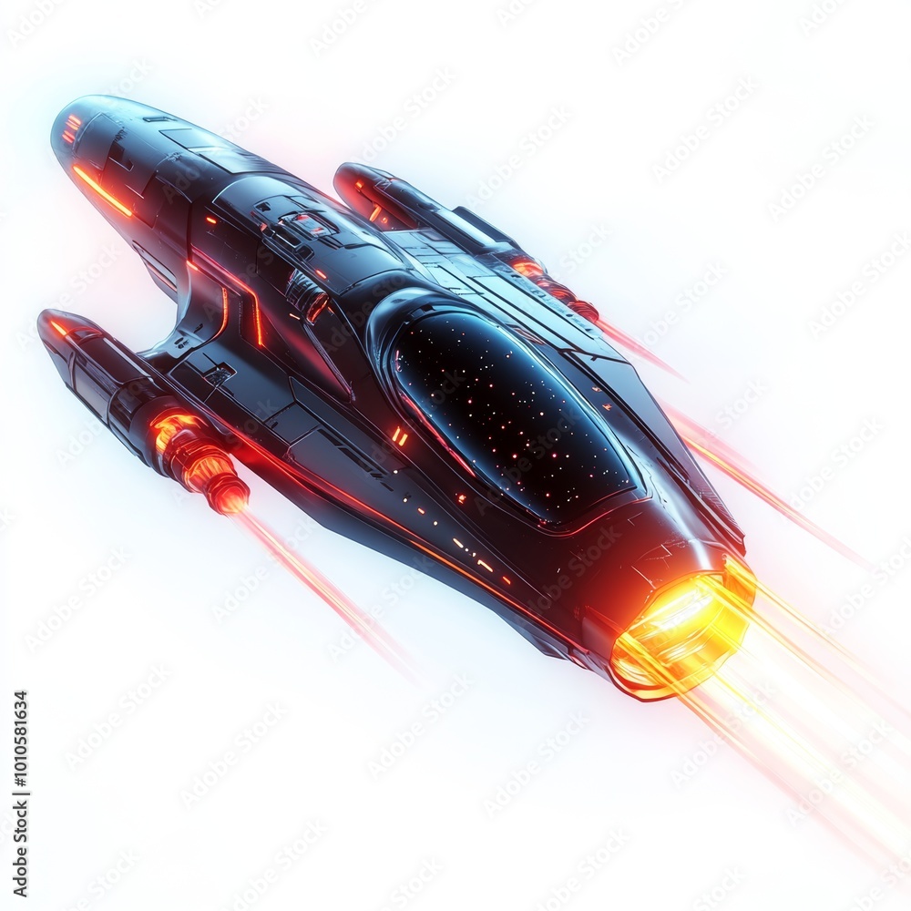 Poster futuristic spaceship with red and orange lights speeding through space