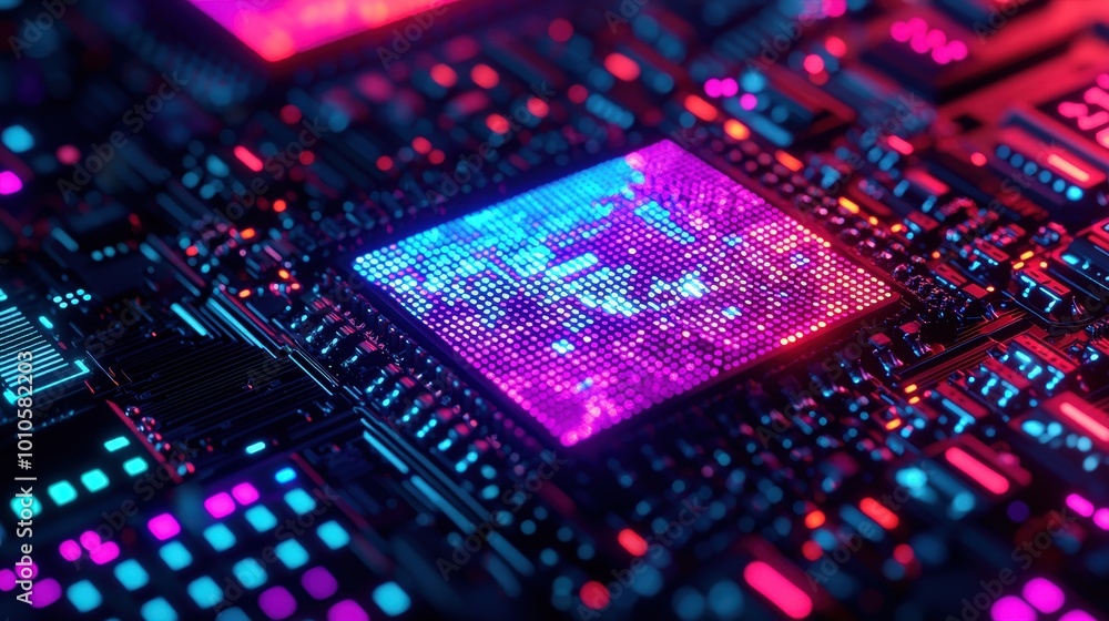 Poster futuristic circuit board with glowing processor chip technology background