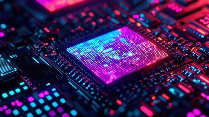 Fototapeta premium Futuristic Circuit Board with Glowing Processor Chip Technology Background