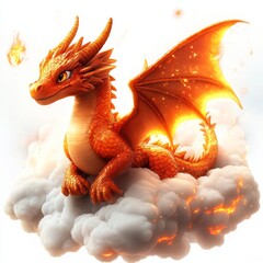 Fototapeta premium Cute Orange Dragon on Cloud with Fire
