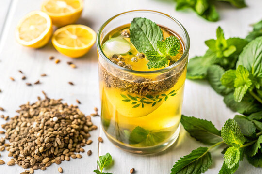 Ayurvedic detox water infused with tulsi, mint, and cumin seeds.