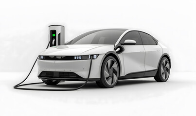 Image of electric car and charging station. EV Car technology for present and future modern on white background with copy space, Generative ai