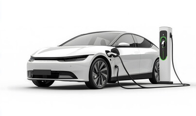 Image of electric car and charging station. EV Car technology for present and future modern on white background with copy space, Generative ai