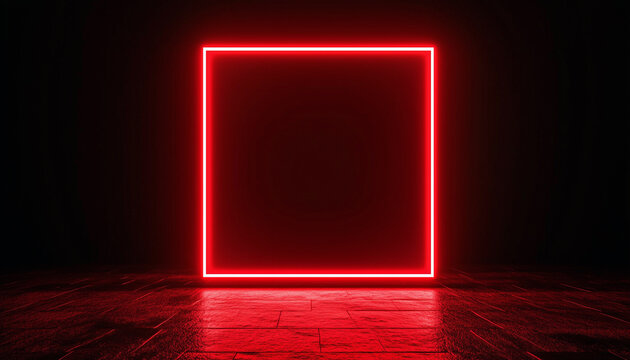 Dark background with neon red square.