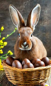 Magnifique lapin de P&acirc;ques remuant les oreilles au-dessus d&rsquo;un panier en osier rempli d&rsquo;&oelig;ufs en chocolat, pour la chasse aux &oelig;ufs de P&acirc;ques
