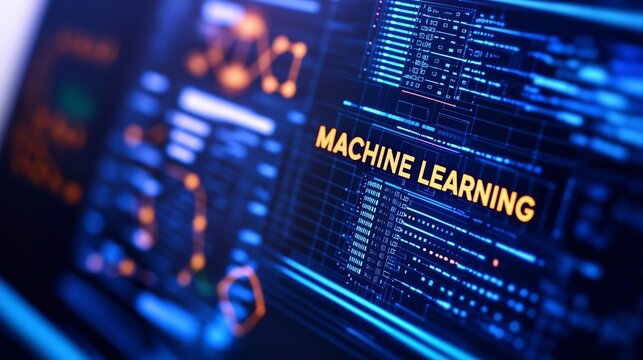 Holographic interface displaying real-time data analysis, text MACHINE LEARNING algorithms running in fluid sequences.
