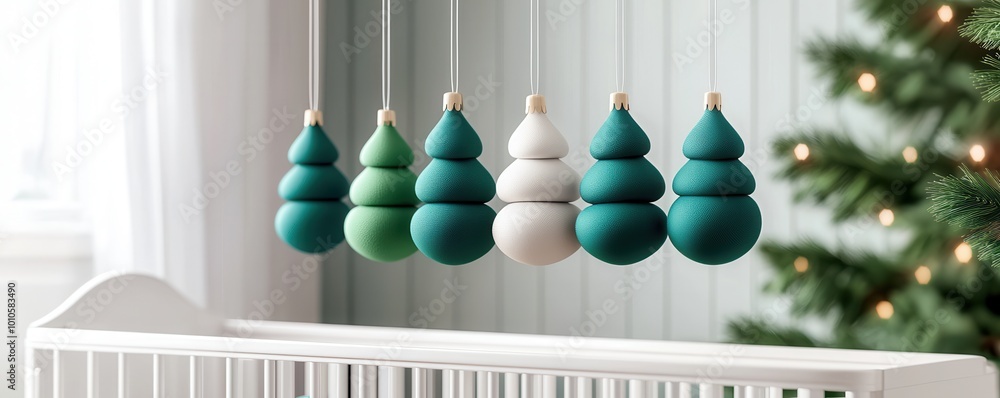 Poster Christmas tree ornaments hanging over a crib.