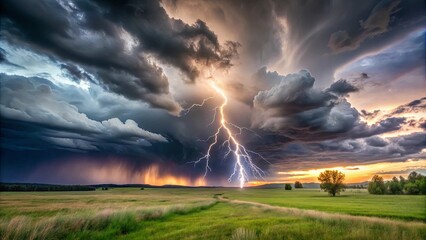 Obraz premium A single lightning bolt pierces through the ominous clouds, illuminating the grassy landscape below, a breathtaking display of nature's power and beauty.