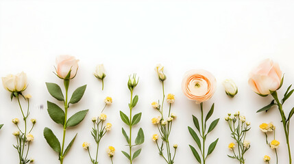 Fototapeta premium Floral Border with Delicate Peach Roses and Ranunculus