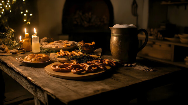 Rustic candlelit table set with traditional baked goods, pretzels, bread, and a metal mug of foamy beer, creating a cozy medieval-style dining atmosphere