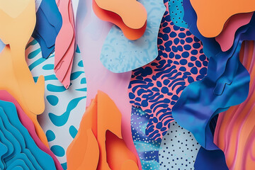 A colorful collage of paper with a variety of shapes and patterns