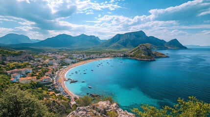 Obraz premium A panoramic view of a beautiful bay with turquoise water, a sandy beach, and boats anchored in the bay, surrounded by lush green mountains and a clear blue sky with white clouds.
