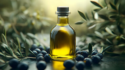 Olive Oil Bottle with Olives and Leaves - Realistic 3D Illustration
