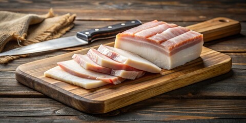 Sliced, cured, and ready to eat, the fatty, cured meat rests on a wooden board.  The glistening fat and rich, pink meat speak to the culinary delights that await.