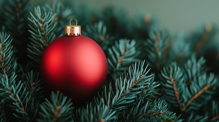 Red Christmas Ornament on Evergreen Branches with Bokeh Background
