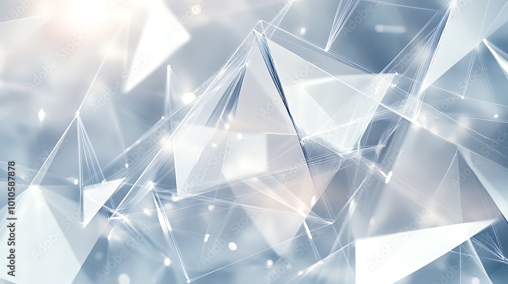 Poster Abstract geometric background with white pyramids and connecting lines, on a soft grey background with light bokeh.