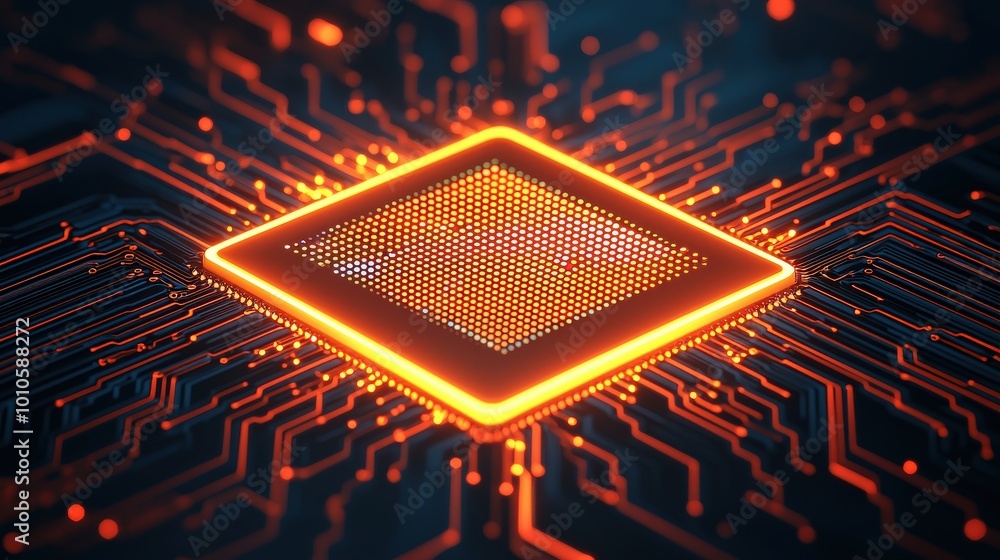 Poster glowing cpu chip on circuit board technology background
