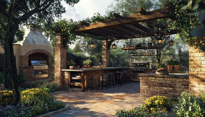 Fototapeta premium Patio with a rustic outdoor kitchen designed specifically for true culinary enthusiasts.