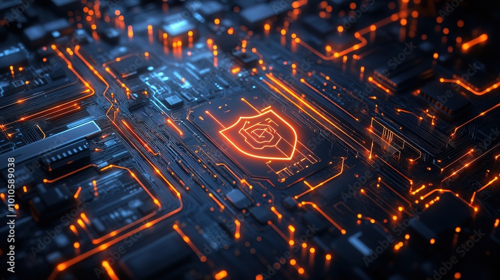 Poster an abstract technology circuit board background with shield symbols