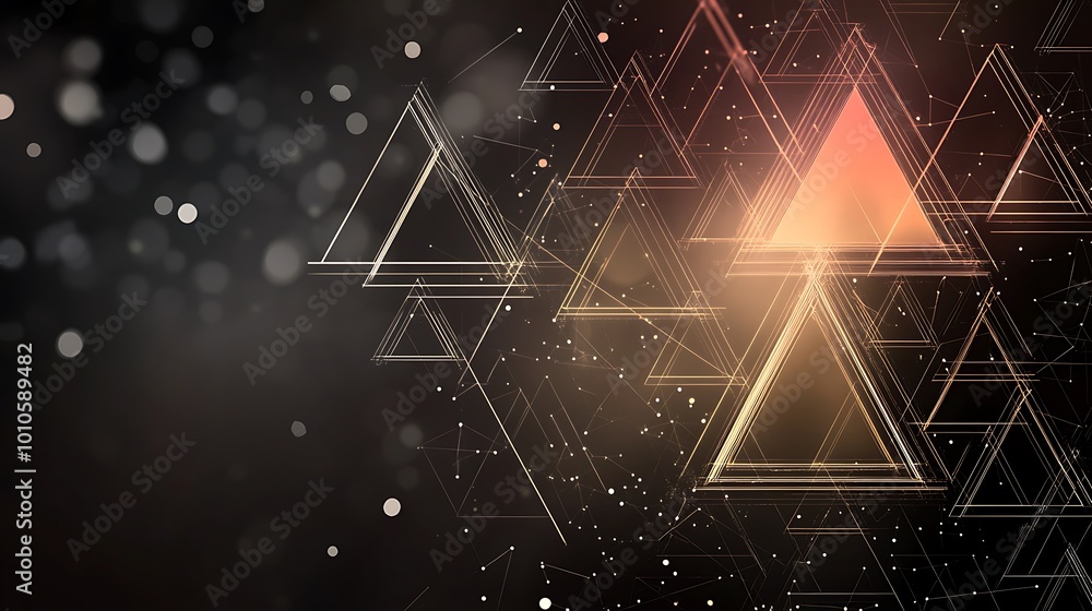 Poster Abstract background with glowing triangles and bokeh lights.