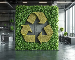 Green recycle symbol sign with a professional office backdrop, visualizing efficient waste sorting and recycling in a corporate environment