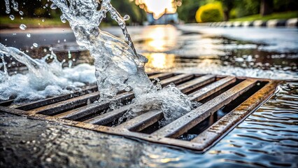 Water cascading over a storm drain in a rushing torrent, creating a symphony of bubbles and spray. © Kukar Studio