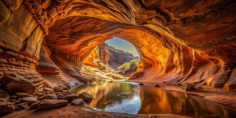 A Serene Oasis Within a Gorge's Embrace, Where Water Mirrors the Golden Hues of Ancient Rock Formations