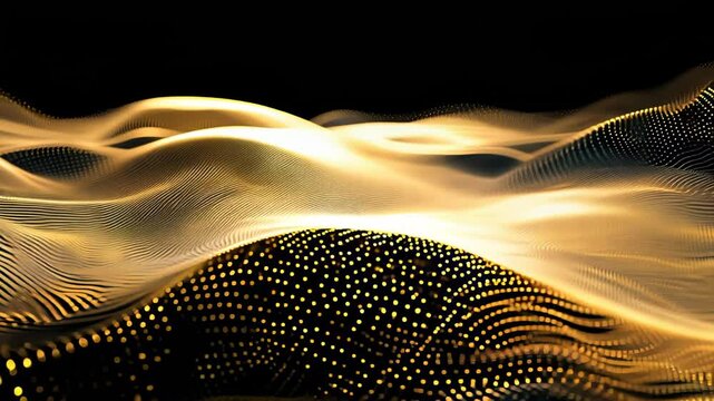 Abstract golden waves undulate across a dark surface. Microscopic details reveal a pitted texture. Charcoal and gold tones create a dynamic interplay of light and shadow. 