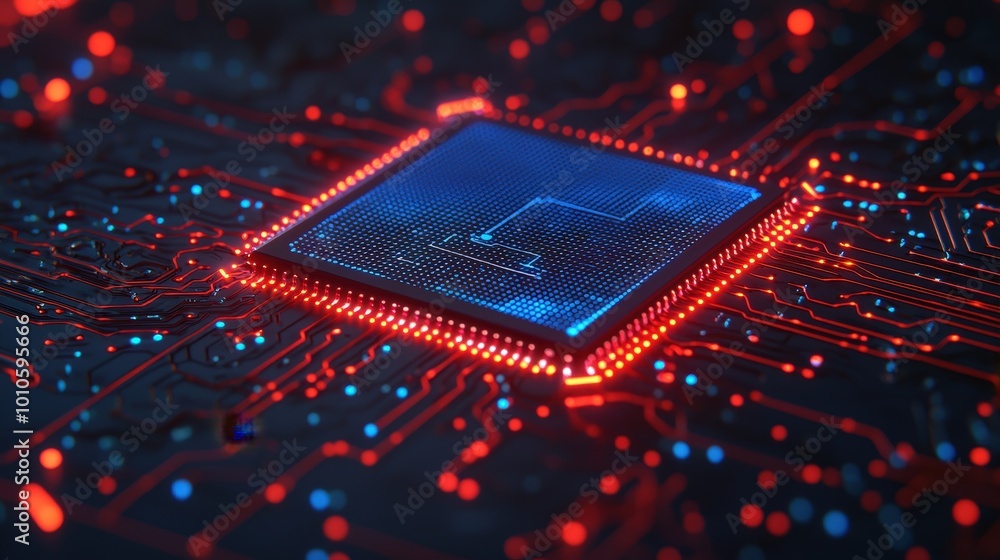 Poster futuristic circuit board with glowing processor chip digital technology background